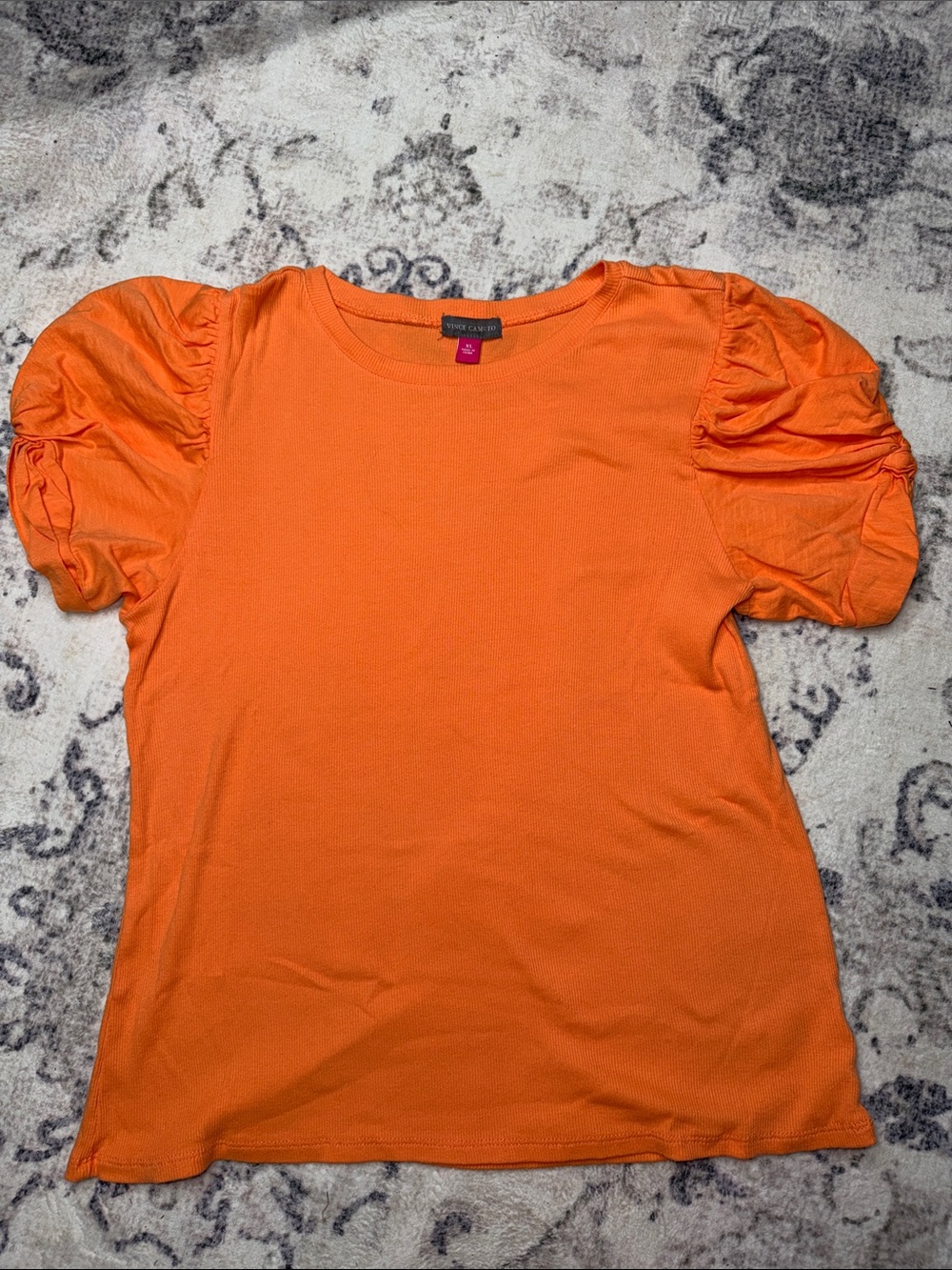 Vince Camuto Orange Ruched Puff-Sleeve Short Sleeve Top